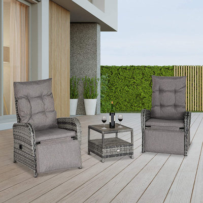 Fifi 3 Pieces Rattan Bistro Set with Reclining Sun Loungers, Mixed Grey