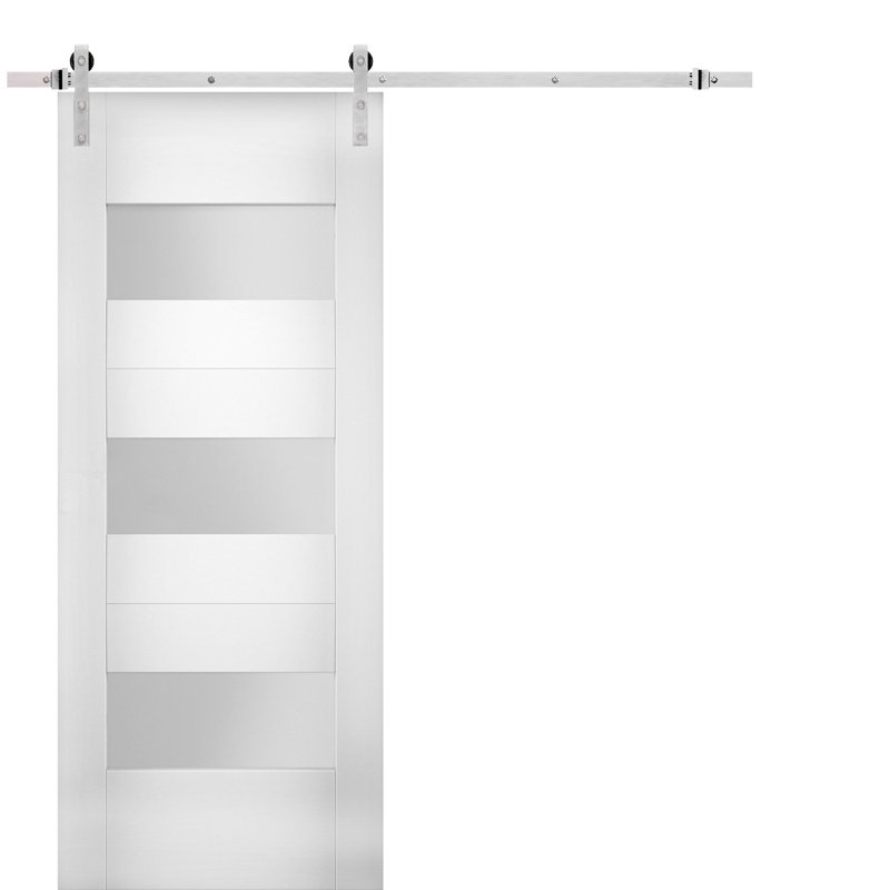 Porte de grange blanche en verre givré Sete avec trousse de quincaillerie d'installation, Argent, 24 po x 80 po