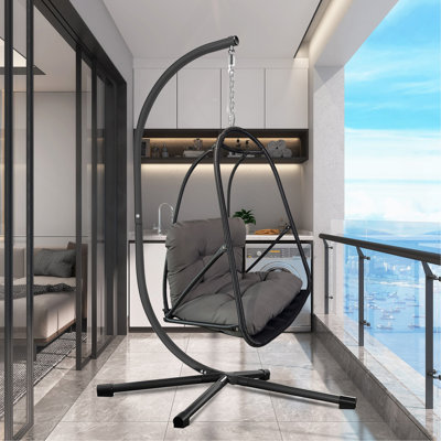 Fauteuil à œufs pivotant avec support intérieur et extérieur en rotin et panier en osier avec support de type C, avec coussin et coussin, fauteuil suspendu pliant en osier de patio (porte-gobelet spécial