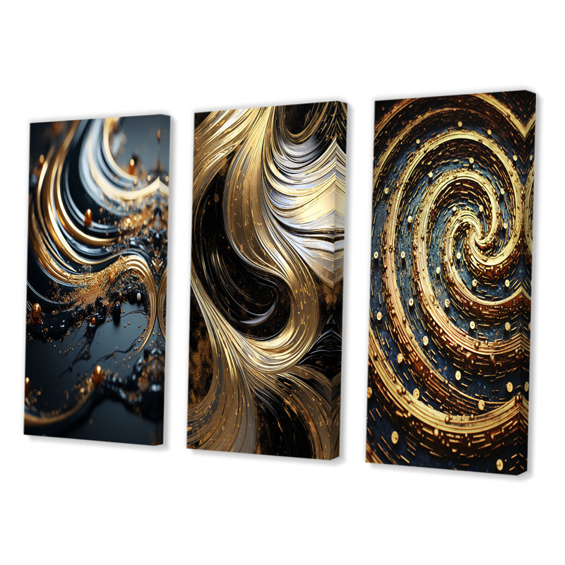 Ensemble de 3 pièces d'art rétro en spirale sur fond noir, Toile tendue, H 40 po x l 60 po