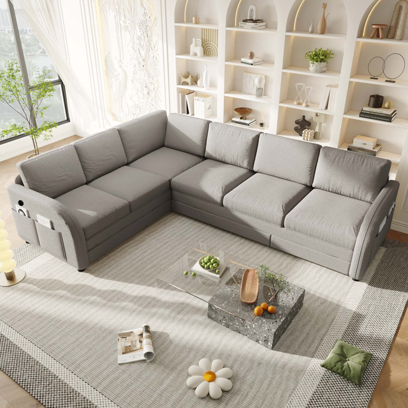 Canapé-lit en forme de L de 115,2 po avec lit escamotable, canapé-lit convertible surdimensionné avec poche latérale et port USB, canapé modulaire rembourré en peluche avec face à gauche / à droite convertible