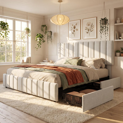 King Size Modern Upholstered Platform Bed Frame With 4 Storage Drawers, Adjustable‑Height Headboard, Linen Upholstery, Heavy‑Duty Structure For Straightforward Assembly, Beige
