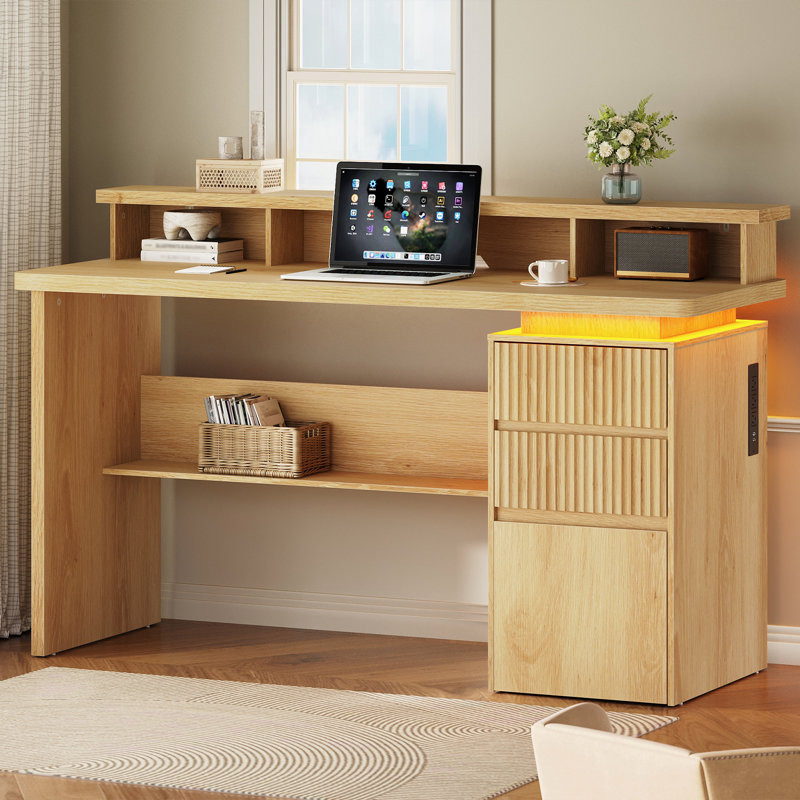 59" Executive Desk with Drawers and Power Outlet, Fluted Computer Desk with Monitor Stand and File Storage, Natural