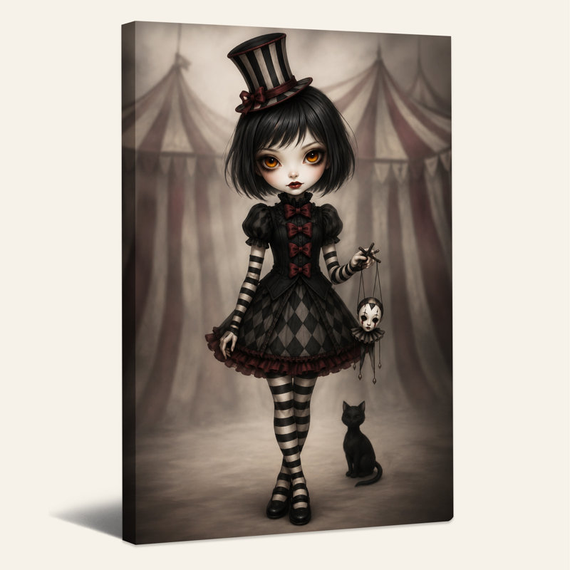 «Gothic Girl in Top Hat and Striped Dress», art mural sur toile d'Halloween, H 24 po x l 16 po