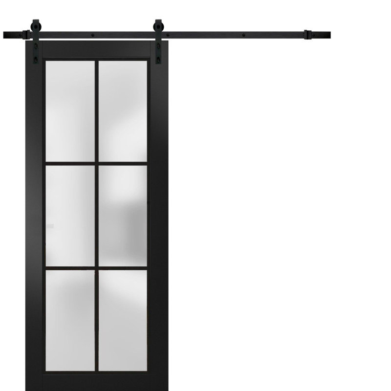 Porte de grange robuste en verre trempé givré | Planum 2122 | Ensemble de quincaillerie lourde pour cintres 6,6 pi noir | Portes intérieures modernes à panneau solide - Rail noir
