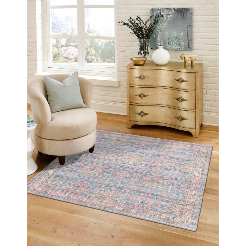Tapis bleu tissé à la machine Hadsell, Carré 7 pi 3 po
