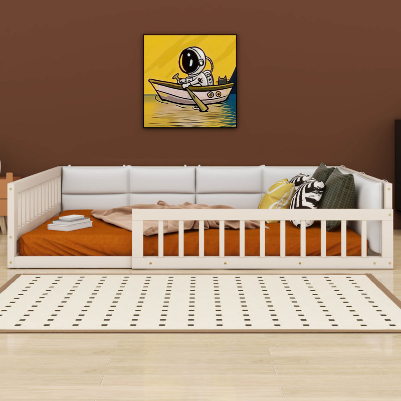 Maily Wood Full Size Upholstered Platform Bed with Guardrail and Pillow, Beige