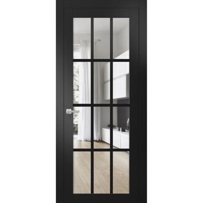 Solid Interior French Pre-Hung Door | Felicia 3355  With Clear Glass | Single Regular Panel Frame Trims Handle | Bathroom Bedroom Sturdy Doors