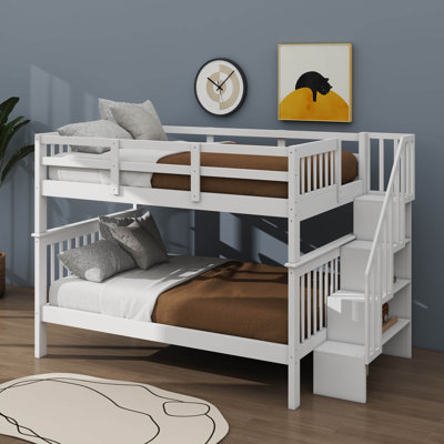 Functional Full-Over-Full Bunk Bed With Storage Compartments And Safety Guard Rail