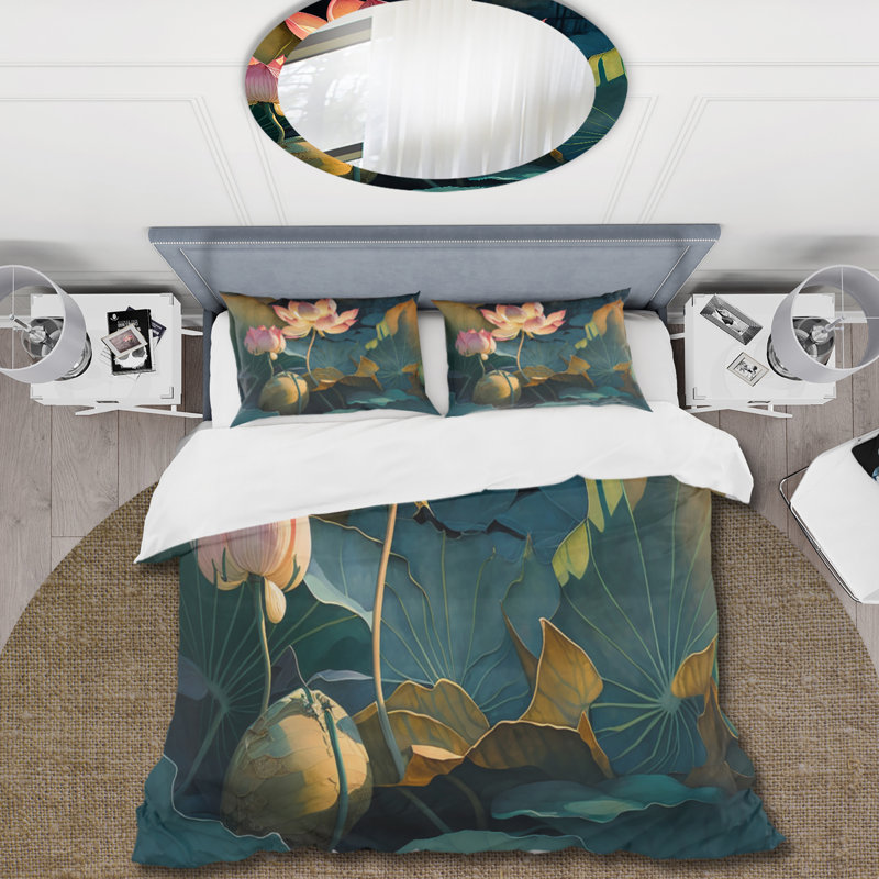 Ensemble de housse de couette en microfibre / polyester Blooming Vintage Lotus In The Pond II