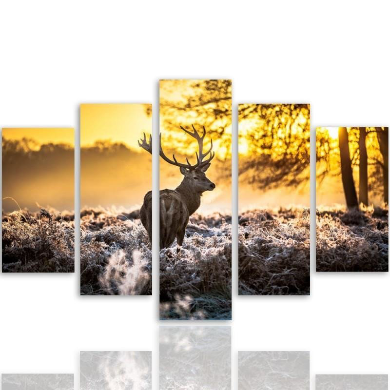 Deer Forest Sunset - 5 Piece No Frame Print on Canvas, 70cm H x 100cm W