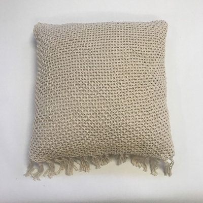 Knitted Cream Fringed Cotton Cushion Cover