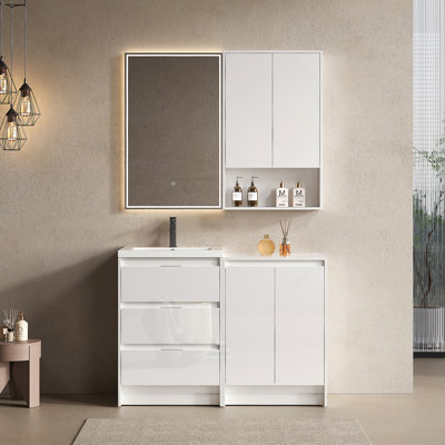 Meuble-lavabo autoportant de 48 po avec lavabo en résine, 1 armoire de rangement et 1 armoire murale, tiroirs et porte à fermeture en douceur, blanc brillant, contreplaqué