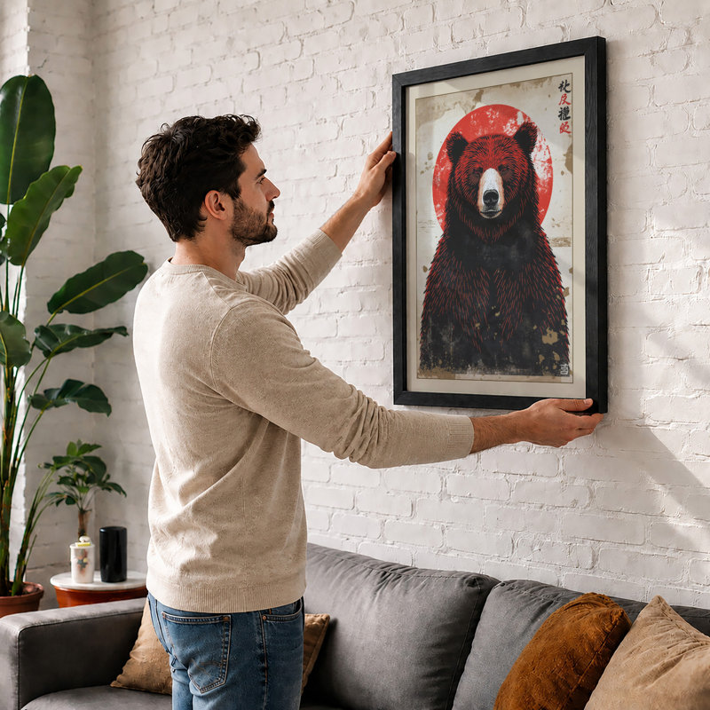 Bear Under Moon Japandi - Framed Print, A4 - 29.7 x 21.0 cm, White