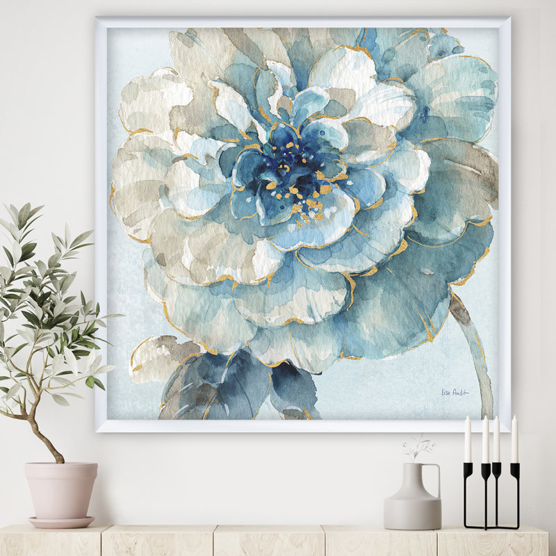 « indigold aquarelle fleur ii »-reproduction d’image sur toile, Cadre blanc, H 16 po x l 16 po x P 1 po