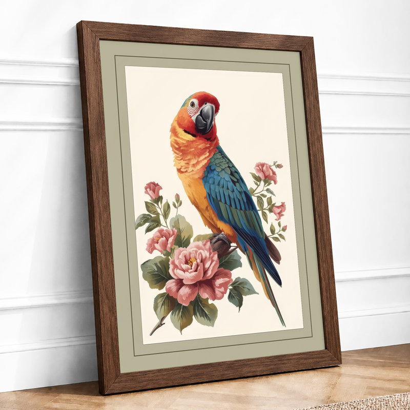 Parrot Among Roses Vintage - Print, Walnut, A1 - 84.1 x 59.4 cm