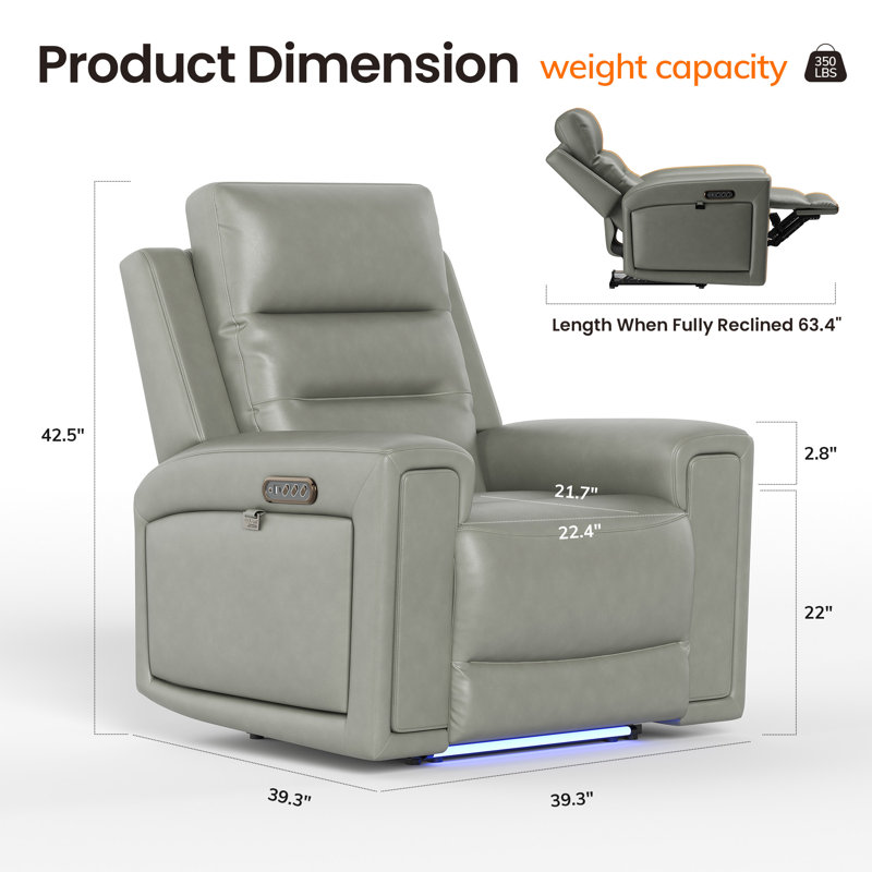 Leather Power Recliner Chair with Triple Motor Adjustment, USB/Type-C Charging & 7-Color LED Lighting – Home Theater Seating