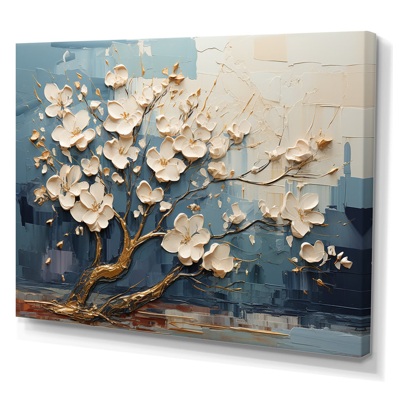 Orchidée bleue et blanche, jardin de branches VI - arbre, art mural, Toile tendue, H 16 po x l 32 po x P 1 po