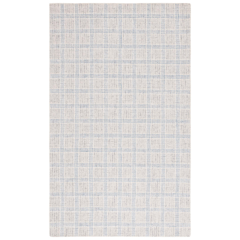 Ivory and Silver Hand-Tufted Wool 8' x 10' Plaid Rug