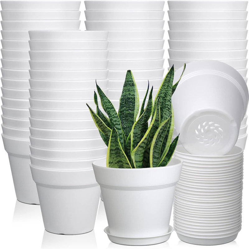 Paquet de 54 pots à plante en plastique blancs de 4 pouces avec trou de drainage et soucoupe