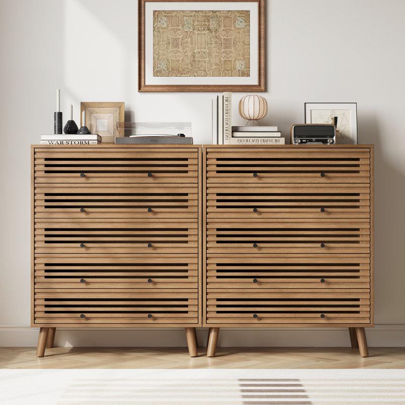 5 Drawers Dresser For Bedroom, Mid Century Modern Slatted Dresser, Wood Chest Of Drawers Organizer For Bedroom, Living Room, Hallway, Closet, Oak