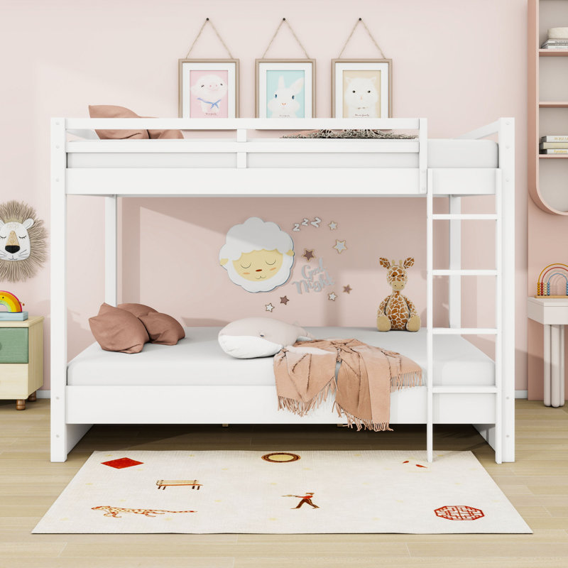 Queen Over Queen Wood Bunk Bed With Sturdy Frame And Ladder, White