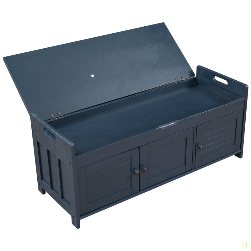 Storage Bench With 3 Shutter-Shaped Doors, Shoe Bench With Removable Cushion And Hidden Storage Space, Antique Navy