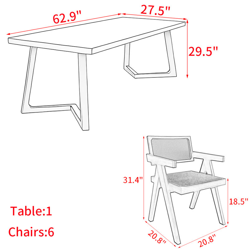 Ensemble de table à manger moderne et simple en bois massif., H 29,5 po x L 62,9 po x l 27,5 po