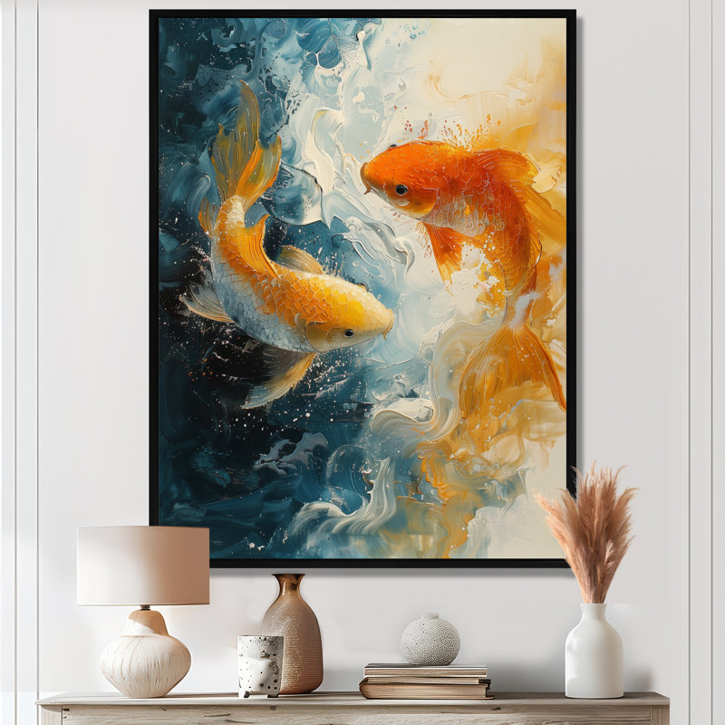 Impression d'art mural orange, vert, passionné, Poissons Koi II, Cadre flottant noir, H 16 po x l 32 po
