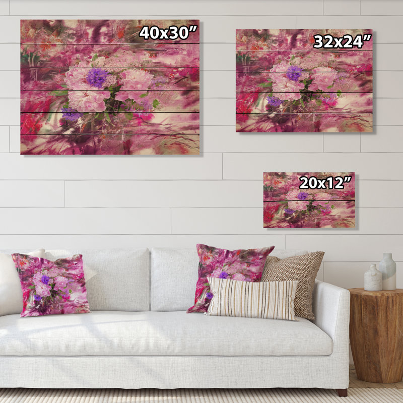 Abstrait avec pivoine rose - peinture sur bois sans cadre, H 30 po x l 40 po x P 1 po
