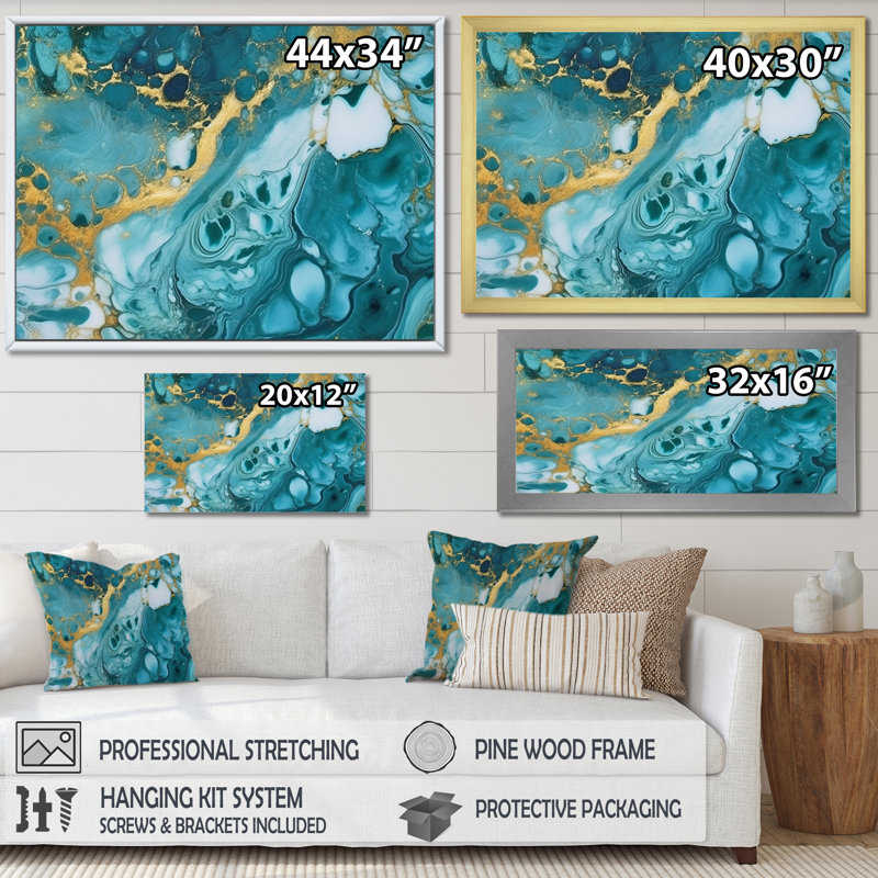 Turquoise de luxe, art fluide abstrait V encadré sur toile, H 24 po x l 32 po x P 1 po, Cadre doré à une seule photo