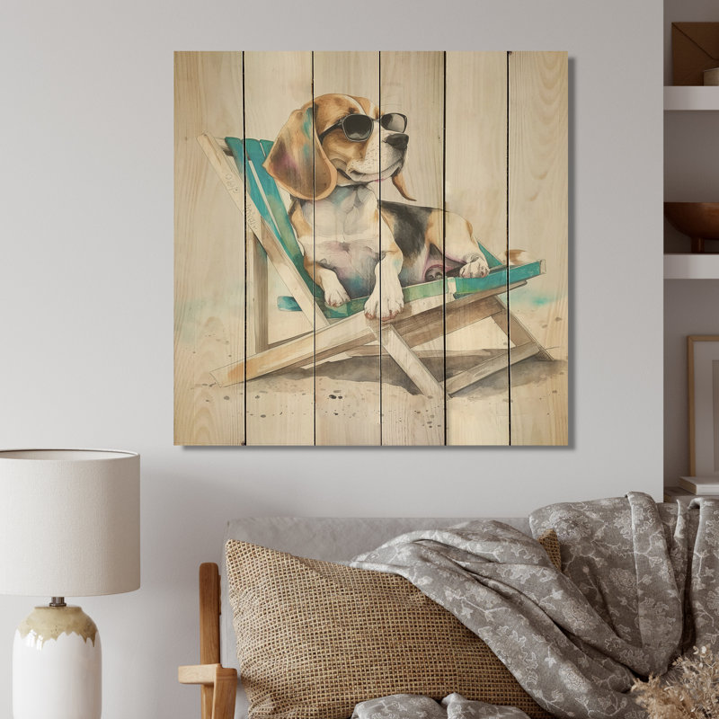 Rosamonde, chien sur la plage II - impression sur bois sans cadre, H 30 po x l 30 po x P 1 po