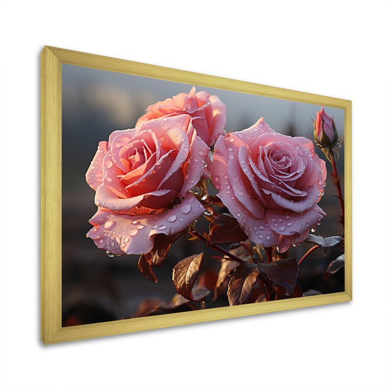 Roses roses lustrées du matin, H 16 po x l 32 po x P 1 po, Cadre doré simple