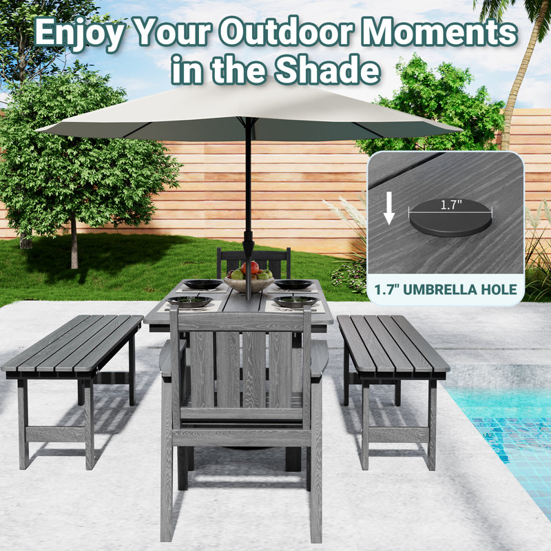 5-Piece HDPE Outdoor Dining Set with Rectangular Table & Bench, 5 Pieces: Table, 2 Benches, 2 Chairs