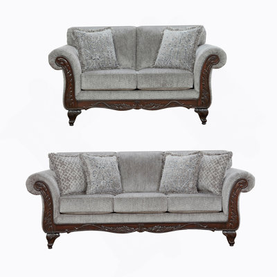 Hernen Carved Wood Frame Gray Sofa And Loveseat Set