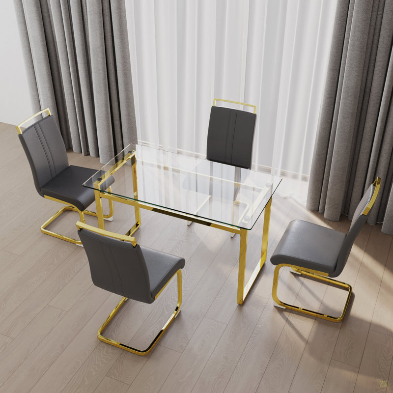 Ensemble de table de salle à manger pour 4 personnes, Doré, Gris/doré