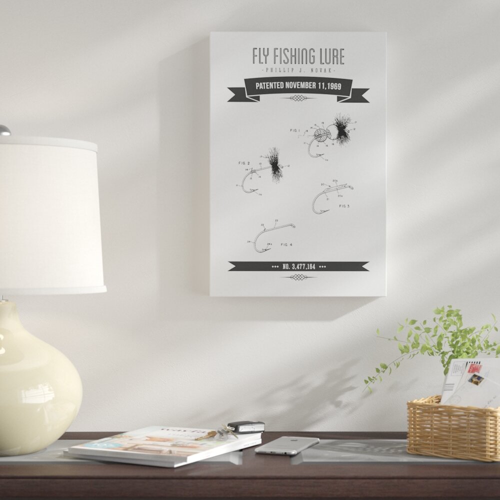 Bless international P.J. Novak Fly Fishing Lure Patent Sketch Retro  (Charcoal) by Aged Pixel Gallery-Wrapped Canvas Giclée