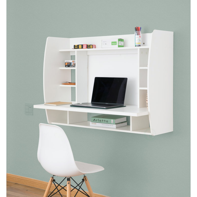 Bureau mural blanc flottant avec tablettes, poste de travail compact pour ordinateur portable, bureau, chambre à coucher, salon, bureau