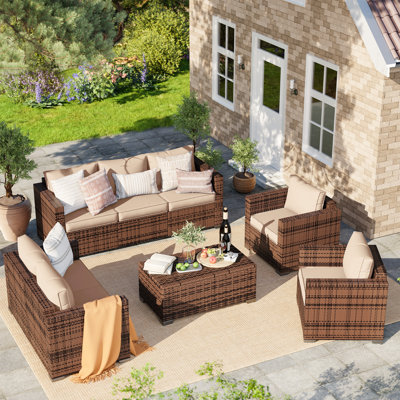 7 - Person Oversized Armrest Outdoor Sectional Furniture Rattan Sets with Storage Table