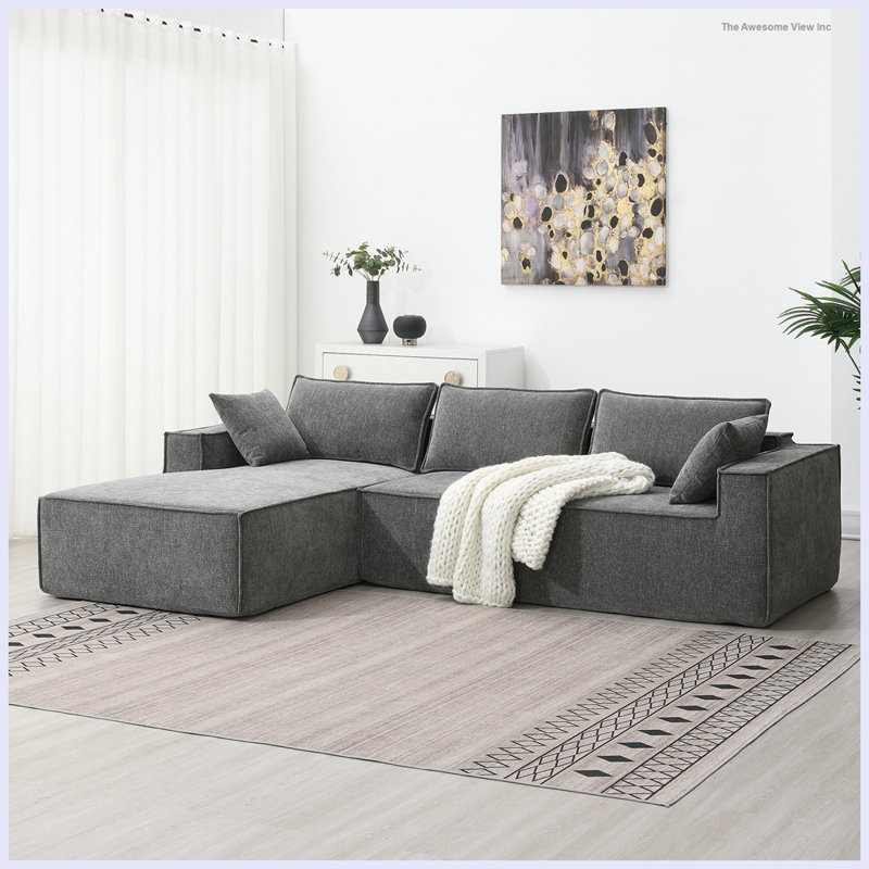 111.5"W L-Shaped Chenille Couch,No Assembly Require, Gray