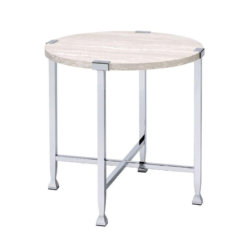 Table de bout ronde avec support en forme de X, chêne blanc et chrome