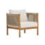 Fauteuil club d'extérieur avec structure en bois d'acacia d'aspect teck, panneaux de corde beige et coussins crème-130637017