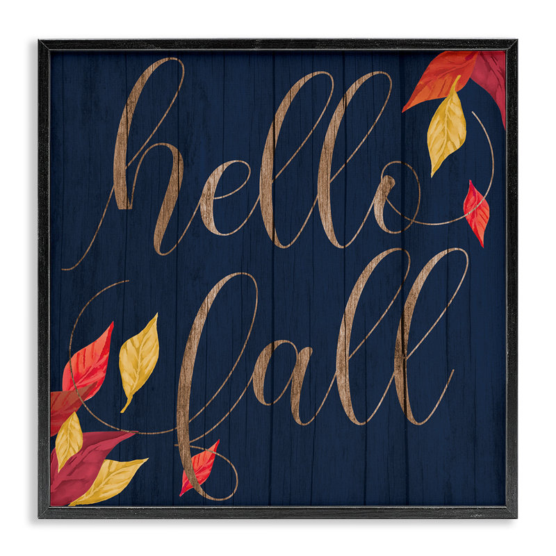«Hello Fall Script Autumn Foliage Border» par Daphne Polselli, reproduction d'art textuel, Giclée encadrée noir minuit