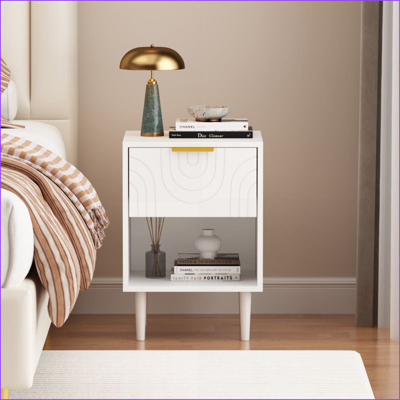 22.83'' H Modern White Nightstand with Drawer, Open Shelf & Gold Handle