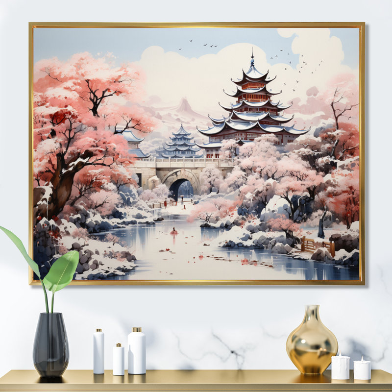 «China Art Silk Road V» - art mural Chine, Cadre flottant doré, H 34 po x l 44 po x P 1,5 po