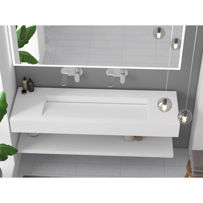 Pyramid 60" Wall Mounted Rectangular Solid Surface Bathroom Trough Sink in Matte Finish - White, No Faucet Holes