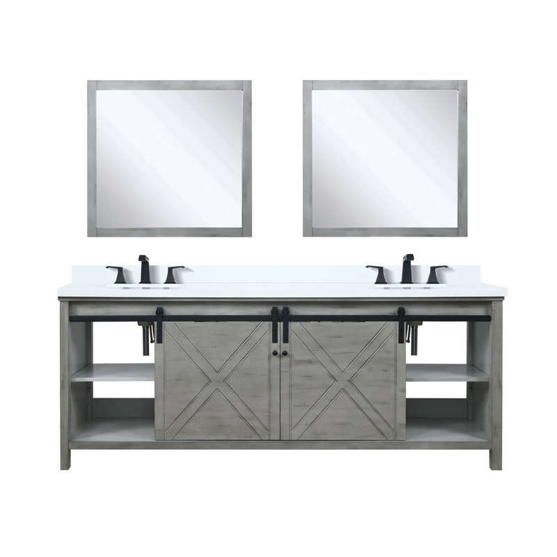 Meuble-lavabo double P 22 po, comptoir en marbre de culture, ensemble de robinet et miroirs 30 po, Gris / cendre