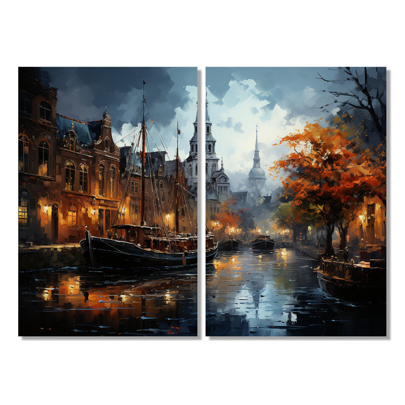 Danemark, Amsterdam, canal, nuit, II - Danemark, ensemble de 2 grandes impressions sur toile, Wrapped Canvas, Does Not Apply