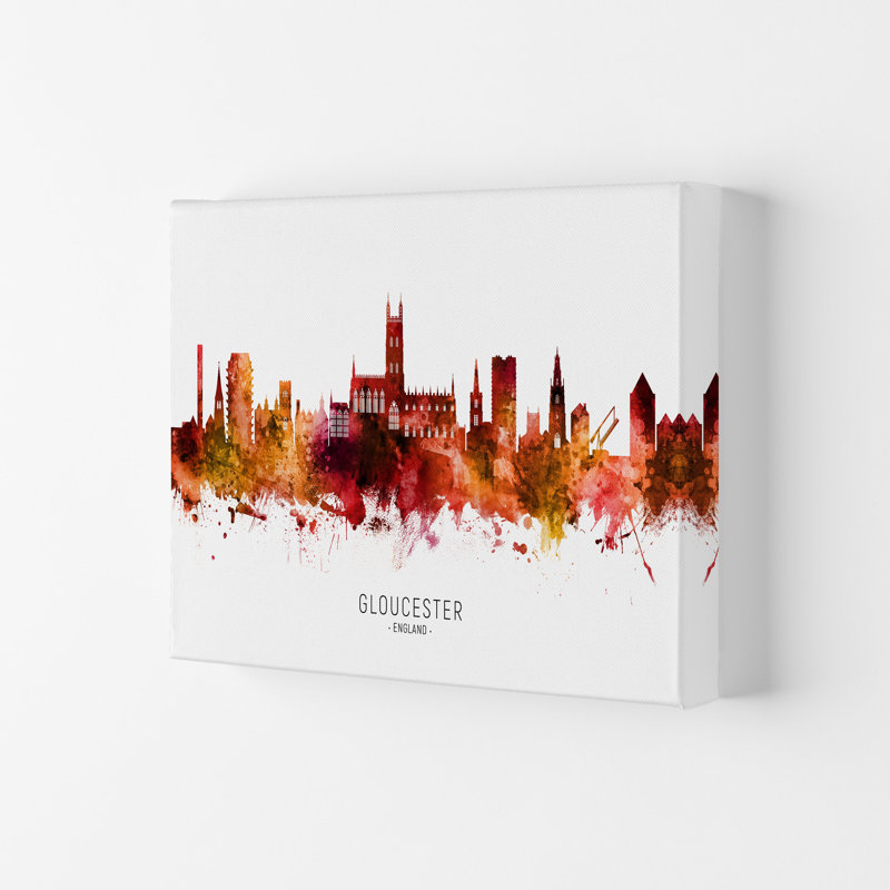 Gloucester England Skyline Red City Name by Michael Tompsett - Print, 42cm H x 59.4cm W x 4cm D, Wrapped Canvas
