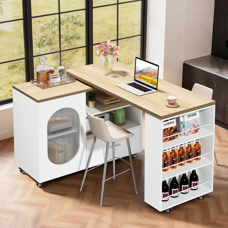 Kitchen Island With Extended Table, Storage Cabinet, Drawers, Oak/White